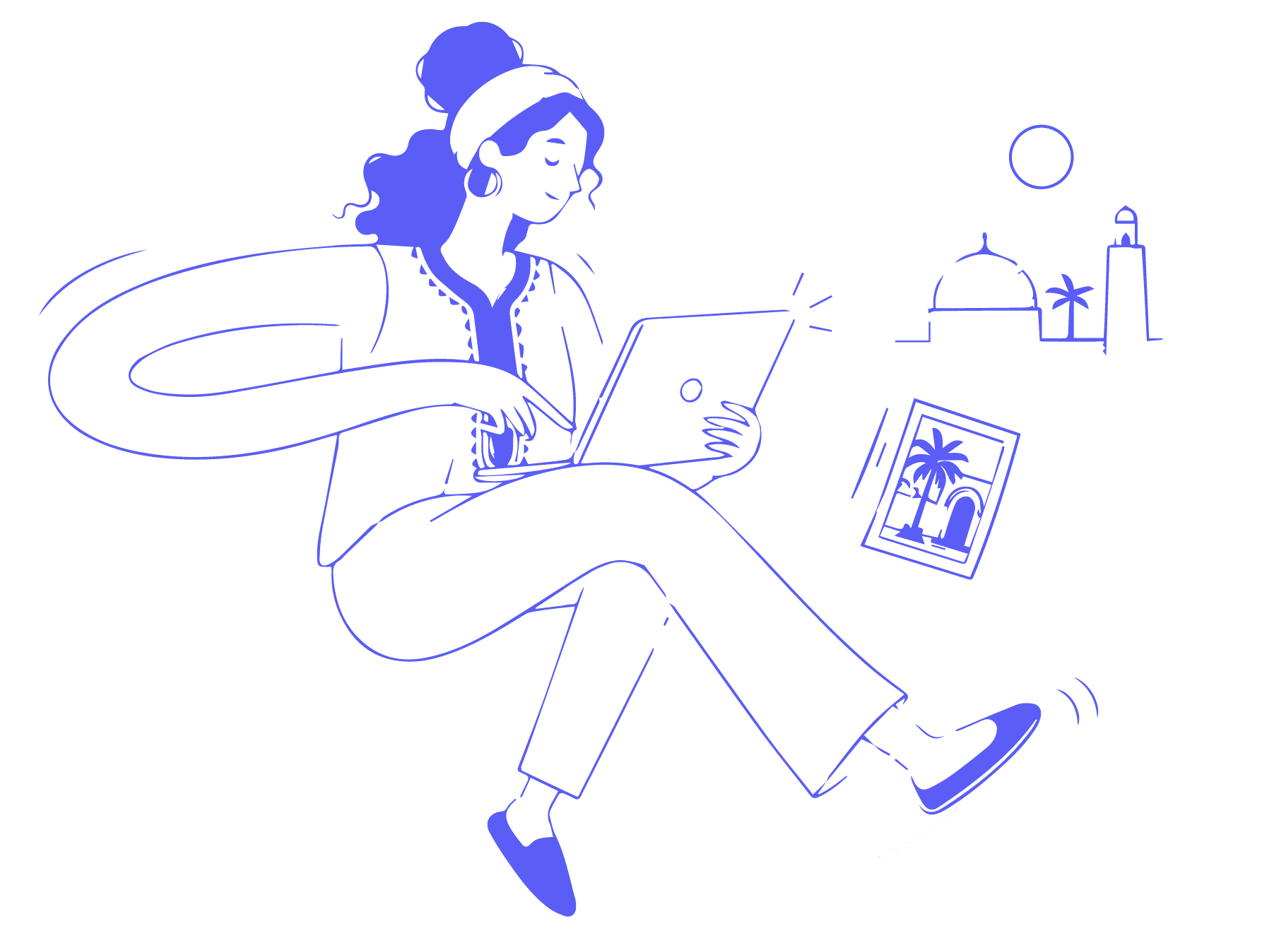 Illustration : une designer Tsiwrat avec sa tablette, son appareil photo et son ordinateur